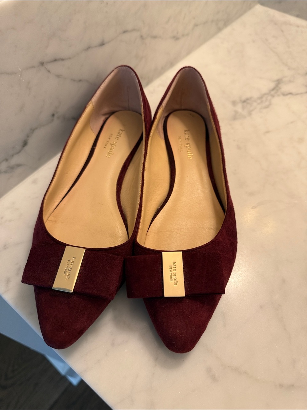 Kate Spade Burgundy Suede Pointed-Toe Norah Flats with Bow and Gold Plaque, 7.5
